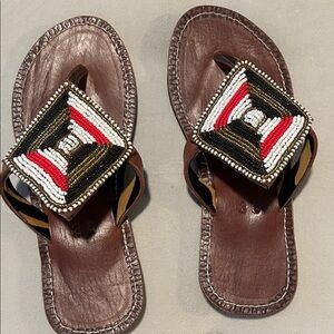 Tanzanian Hand-Beaded Leather Sandals with Geometric Design NWOT